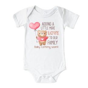Adding A Little More Love Valentines Day Baby Announcement Onesie. Pregnancy Announcement to Family, Husband, Grandparents. Surprise Valentine 2024 Baby Reveal Gift ideas.