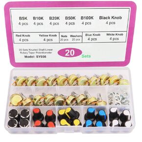 20Pcs B5K B10K B20K B50K B100K Ohm Potentiometer Knob Linear Potentiometer 3 Terminal Rotary Potentiometer with Cap Nuts and Washer for Arduino Raspberry Pi and Other Projects