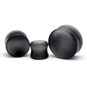 Concave Dark Grey Cat's Eye Stone Double Flare Plugs (STN-613) - Sold as a Pair