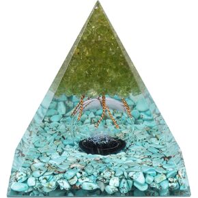 Rockcloud Tree of Life Orgone Pyramid Crystal Stone with Glass Sphere for Home Office Decor, Energy Generator for Meditation Yoga Reiki, Olivine and Obsidian