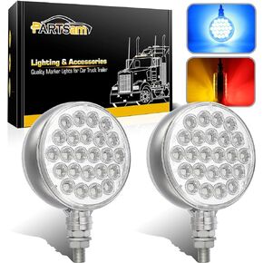 Partsam 2Pcs Round Double Face Led Turn Signal Marker Lights and Blue Auxiliary Lights LED Pedestal Lights Post Mount 48 LED for Truck Trailer Mirror Arm Clamp Clearance