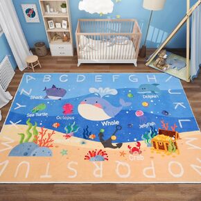 Kids Rugs for Playroom,59"X39.4" ABC Alphabet Whale Kids Rug,Non-Slip Ocean Kids Rug Play Mat,Washable Educational Classroom Rug Kids Area Carpet for Kids Room Bedroom Nursery Playroom