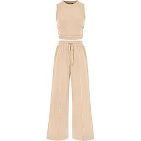 MASCOMODA Womens 2 Piece Outfits 2024 Summer Crewneck Sleeveless Cropped Tank Tops Wide Leg Long Pants Tracksuits Lounge Sets