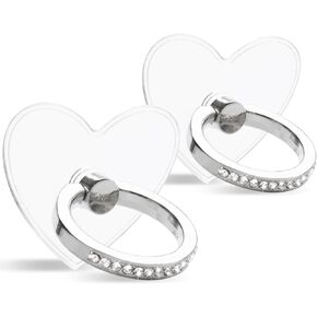 [2 Pack] Transparent Diamond Setting Cell Phone Ring Holder Stand,360 Degree Rotation and 180 Degree Adjustable Finger Ring Kickstand with Polished Electroplated Phone Grip (Love Heart)