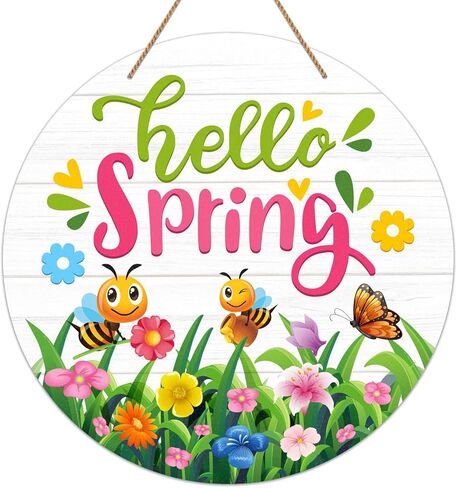 WaaHome Hello Spring Sign Wreath for Front Door Decor Bee Butterfly Flower Spring Hanging Door Decorations, Farmhouse Spring Welcome Door Sign Hanger for Home Wall Indoor Outdoor Decorations in Saudi Arabia