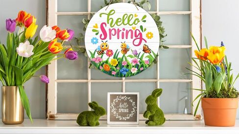 WaaHome Hello Spring Sign Wreath for Front Door Decor Bee Butterfly Flower Spring Hanging Door Decorations, Farmhouse Spring Welcome Door Sign Hanger for Home Wall Indoor Outdoor Decorations in Saudi Arabia