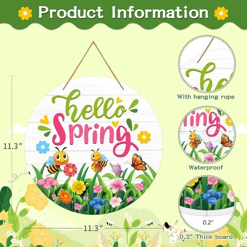 WaaHome Hello Spring Sign Wreath for Front Door Decor Bee Butterfly Flower Spring Hanging Door Decorations, Farmhouse Spring Welcome Door Sign Hanger for Home Wall Indoor Outdoor Decorations in Saudi Arabia