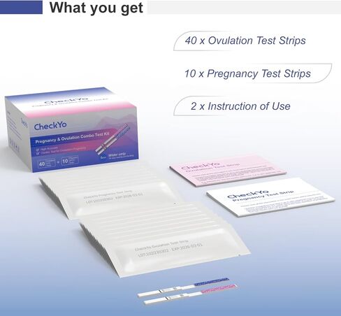 [50 عبوة] مجموعة شرائط اختبار الإباضة والحمل من CheckYo: 40 اختبار إباضة و10 اختبارات حمل كومبو لاختبار الخصوبة للنساء (40LH+10HCG) - دقة عالية in Kuwait