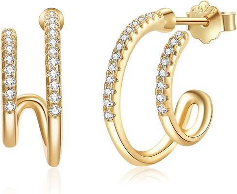 أقراط فضة استرليني مطلية بالذهب عيار 18 قيراط مكعب زركونيا أقراط دائرية مزدوجة للثقب الفردي، أقراط ثقب مزدوجة تشيكوسلوفاكيا مجوهرات مضادة للحساسية للنساء in Kuwait