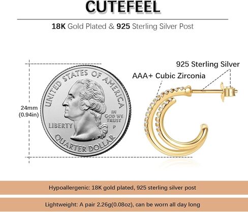 أقراط فضة استرليني مطلية بالذهب عيار 18 قيراط مكعب زركونيا أقراط دائرية مزدوجة للثقب الفردي، أقراط ثقب مزدوجة تشيكوسلوفاكيا مجوهرات مضادة للحساسية للنساء in Kuwait