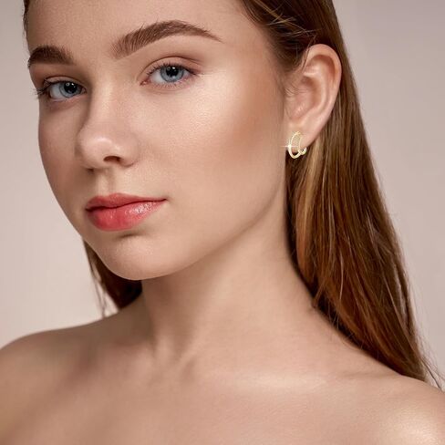 أقراط فضة استرليني مطلية بالذهب عيار 18 قيراط مكعب زركونيا أقراط دائرية مزدوجة للثقب الفردي، أقراط ثقب مزدوجة تشيكوسلوفاكيا مجوهرات مضادة للحساسية للنساء in Kuwait