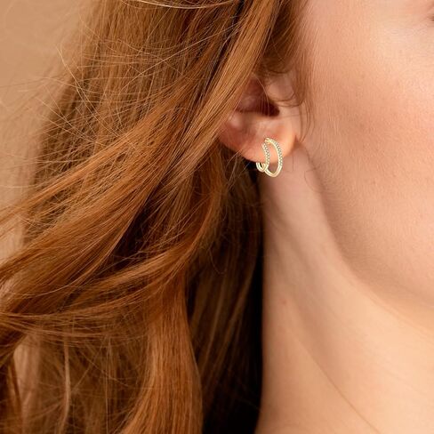 أقراط فضة استرليني مطلية بالذهب عيار 18 قيراط مكعب زركونيا أقراط دائرية مزدوجة للثقب الفردي، أقراط ثقب مزدوجة تشيكوسلوفاكيا مجوهرات مضادة للحساسية للنساء in Kuwait