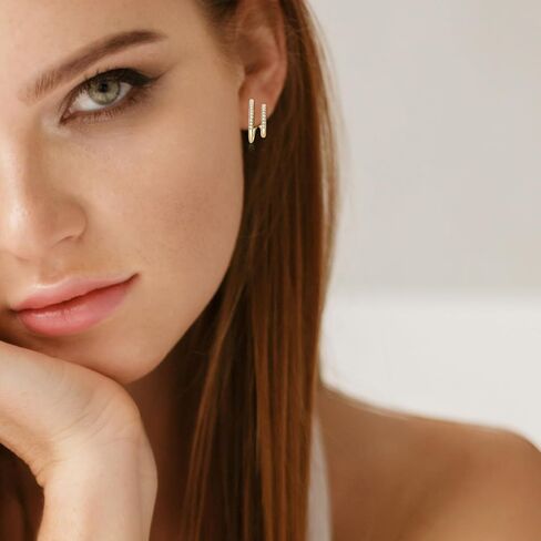 أقراط فضة استرليني مطلية بالذهب عيار 18 قيراط مكعب زركونيا أقراط دائرية مزدوجة للثقب الفردي، أقراط ثقب مزدوجة تشيكوسلوفاكيا مجوهرات مضادة للحساسية للنساء in Kuwait