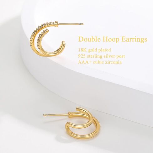 أقراط فضة استرليني مطلية بالذهب عيار 18 قيراط مكعب زركونيا أقراط دائرية مزدوجة للثقب الفردي، أقراط ثقب مزدوجة تشيكوسلوفاكيا مجوهرات مضادة للحساسية للنساء in Kuwait