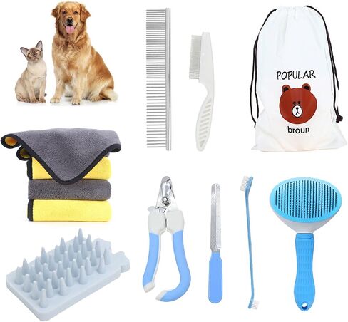 9 PCS Dog,Cat Grooming Brush Shedding Kit-Self-Cleaning Smooth Dog Brush Hair Removal And Flea Comb Rubber Bath Brush Toothbrush Grooming Brush Nail Clippers And File pet Bath Absorbent towel (blue) in Saudi Arabia