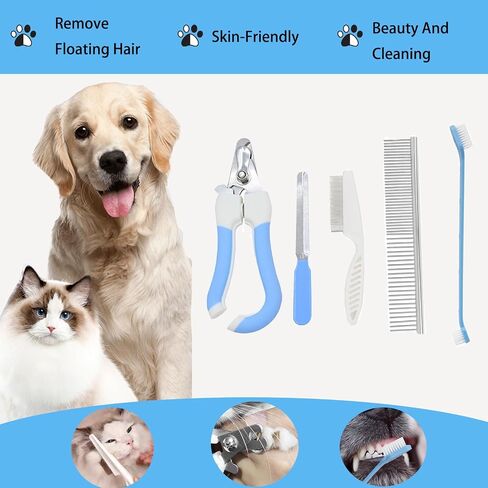 9 PCS Dog,Cat Grooming Brush Shedding Kit-Self-Cleaning Smooth Dog Brush Hair Removal And Flea Comb Rubber Bath Brush Toothbrush Grooming Brush Nail Clippers And File pet Bath Absorbent towel (blue) in Saudi Arabia