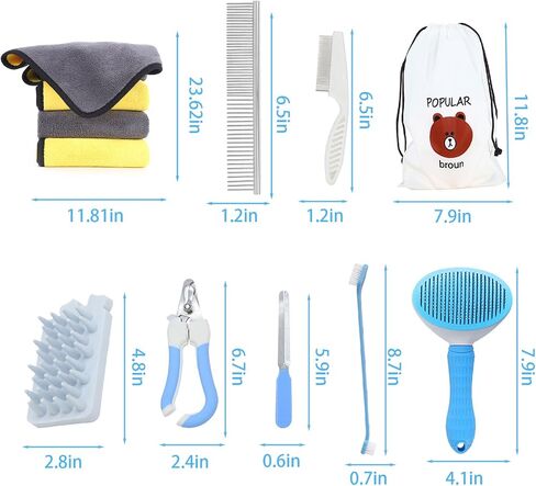 9 PCS Dog,Cat Grooming Brush Shedding Kit-Self-Cleaning Smooth Dog Brush Hair Removal And Flea Comb Rubber Bath Brush Toothbrush Grooming Brush Nail Clippers And File pet Bath Absorbent towel (blue) in Saudi Arabia