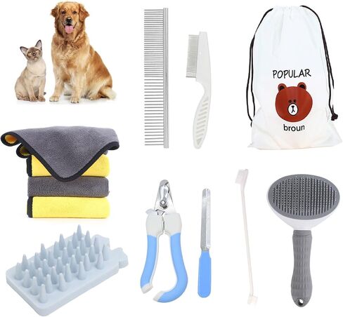 9 PCS Dog,Cat Grooming Brush Shedding Kit-Self-Cleaning Smooth Dog Brush Hair Removal And Flea Comb Rubber Bath Brush Toothbrush Grooming Brush Nail Clippers And File pet Bath Absorbent towel (blue) in Saudi Arabia