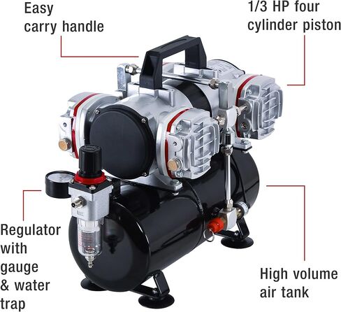 Master Airbrush Model TC-848, High-Performance Four Cylinder Piston Air Compressor with Tank and Free 6 Inch Airbrush Hose in Saudi Arabia