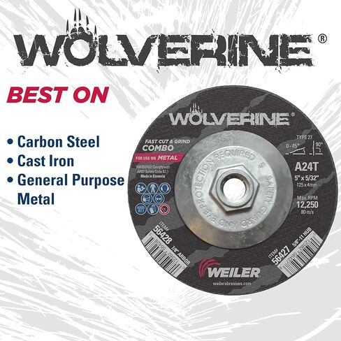 عجلة كومبو من نوع ولفيرين 56427 مقاس 5 بوصة × 1/8 بوصة من نوع 27 مقطوعة وطحن، A24T، 5/8 بوصة 11 UNC (عبوة من 10) in Kuwait