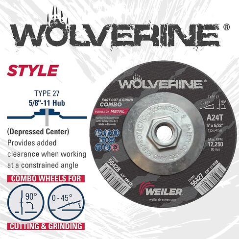 عجلة كومبو من نوع ولفيرين 56427 مقاس 5 بوصة × 1/8 بوصة من نوع 27 مقطوعة وطحن، A24T، 5/8 بوصة 11 UNC (عبوة من 10) in Kuwait