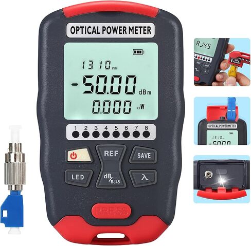 جهاز قياس طاقة الألياف الضوئية D5 -50+~26dbm جهاز اختبار كابلات الألياف الضوئية 3 في 1 بوظيفة SC/FC/ST، واجهة عالمية OPM مع جهاز اختبار شبكة RJ45 وإضاءة LED ومحول FC-LC in Saudi Arabia