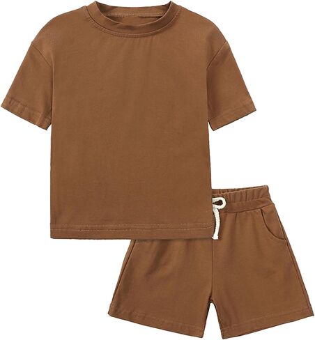 ROMPERINBOX Toddler Boy Summer Outfits Tracksuit Solid 2-piece Short Sleeve T-shirt & Shorts Clothes Set in Saudi Arabia