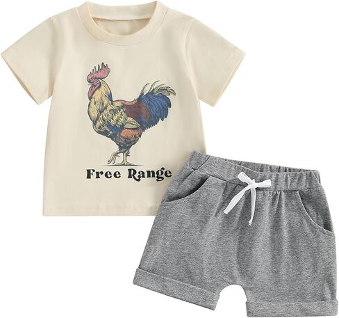 Western Baby Boy Summer Clothes Cow/Chicken/Horse Print Short Sleeve T-Shirt Shorts Toddler Cowboy Outfit in Saudi Arabia