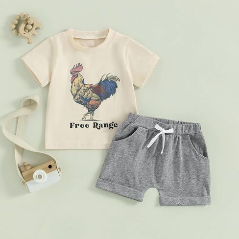 Western Baby Boy Summer Clothes Cow/Chicken/Horse Print Short Sleeve T-Shirt Shorts Toddler Cowboy Outfit in Saudi Arabia