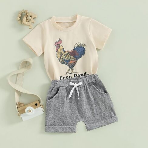 Western Baby Boy Summer Clothes Cow/Chicken/Horse Print Short Sleeve T-Shirt Shorts Toddler Cowboy Outfit in Saudi Arabia