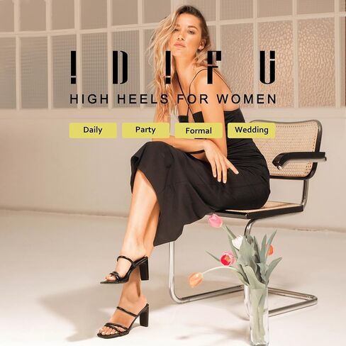 IDIFU IN3 High Heels Strappy Chunky Block Heels Square Toe Three Strap Slip On Heels Comfortable Slides Heeled Sandals Sexy Wedding Party Dress Shoes Open Toe Mules Heels for Women in Saudi Arabia