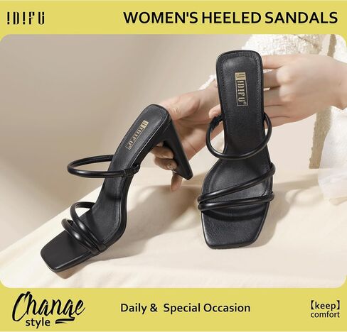 IDIFU IN3 High Heels Strappy Chunky Block Heels Square Toe Three Strap Slip On Heels Comfortable Slides Heeled Sandals Sexy Wedding Party Dress Shoes Open Toe Mules Heels for Women in Saudi Arabia