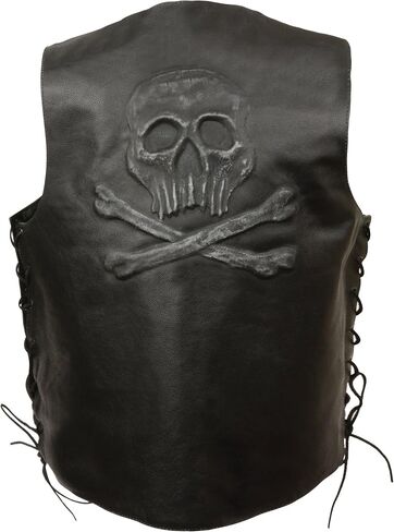ELM3915 Men's Black Side Lace Motorcycle Leather Vest with Skull and Cross Bones Emboss in Saudi Arabia