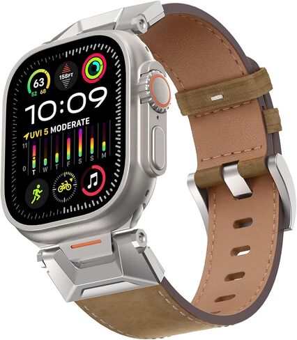 Genuine Leather Band Compatible with Apple Watch Ultra 2/Ultra Band 49mm 45mm 44mm 42mm for Men Women, Rugged Strap with Stainless Steel Connectors for iWatch Ultra Series SE 9 8 7 6 5 4 3 in Saudi Arabia
