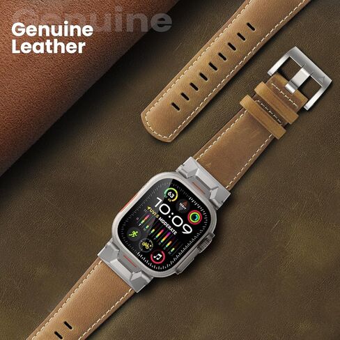 Genuine Leather Band Compatible with Apple Watch Ultra 2/Ultra Band 49mm 45mm 44mm 42mm for Men Women, Rugged Strap with Stainless Steel Connectors for iWatch Ultra Series SE 9 8 7 6 5 4 3 in Saudi Arabia