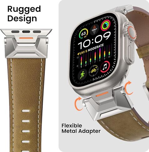 Genuine Leather Band Compatible with Apple Watch Ultra 2/Ultra Band 49mm 45mm 44mm 42mm for Men Women, Rugged Strap with Stainless Steel Connectors for iWatch Ultra Series SE 9 8 7 6 5 4 3 in Saudi Arabia