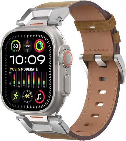 Genuine Leather Band Compatible with Apple Watch Ultra 2/Ultra Band 49mm 45mm 44mm 42mm for Men Women, Rugged Strap with Stainless Steel Connectors for iWatch Ultra Series SE 9 8 7 6 5 4 3 in Saudi Arabia