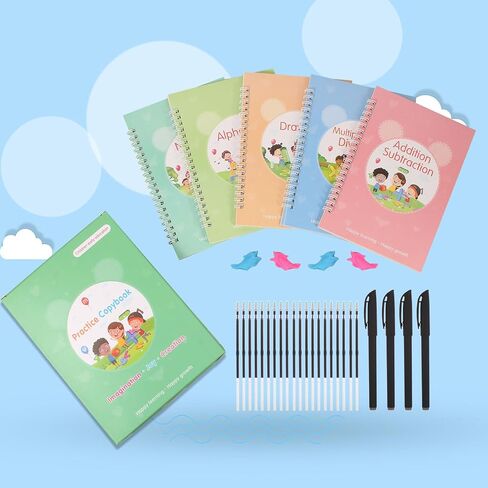 Magic Practice Copybook, Grooved Handwriting Practice Workbook, Reusable Writing Practice Copybook for Preschool Kids Age 3-8 Calligraphy 7.8 in x 5.5 in (5 Books with Pens) in Saudi Arabia