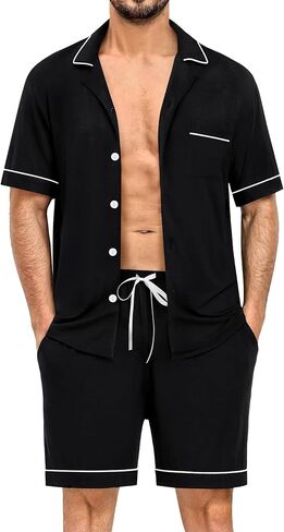 SWOMOG Men's Short Sleeve Pajama Sets Soft Modal Button Down Notched Collar Sleepwear Soft Lounge Pjs with Pockets Black Small in Saudi Arabia