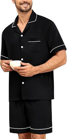 SWOMOG Men's Short Sleeve Pajama Sets Soft Modal Button Down Notched Collar Sleepwear Soft Lounge Pjs with Pockets Black Small in Saudi Arabia