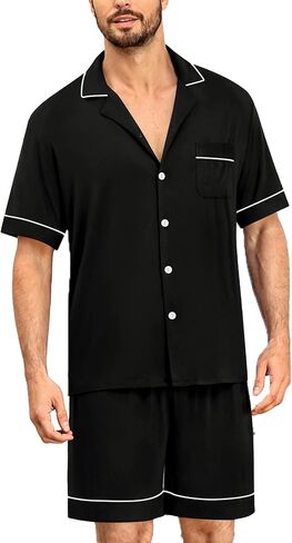 SWOMOG Men's Short Sleeve Pajama Sets Soft Modal Button Down Notched Collar Sleepwear Soft Lounge Pjs with Pockets Black Small in Saudi Arabia