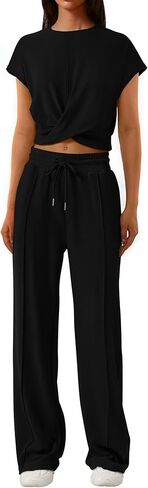 PRETTYGARDEN Women's Summer Two Piece Outfits Tracksuit Twist Front Crop Tops T Shirts Wide Leg Pants Matching Lounge Sets in Saudi Arabia