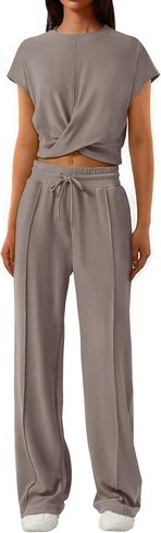 PRETTYGARDEN Women's Summer Two Piece Outfits Tracksuit Twist Front Crop Tops T Shirts Wide Leg Pants Matching Lounge Sets in Saudi Arabia