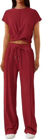PRETTYGARDEN Women's Summer Two Piece Outfits Tracksuit Twist Front Crop Tops T Shirts Wide Leg Pants Matching Lounge Sets in Saudi Arabia