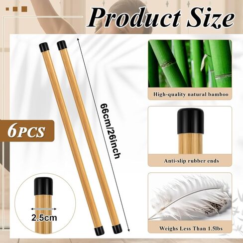 HIBOOM 6 PCS 26 Inch Yoga Stick Natural Bamboo Exercision Stick مع أطراف المطاط غير المنقولة أداة تمديد أداة تمديد مرونة المرونة ، والتمرين ، والتوازن في اللياقة البدنية in Saudi Arabia