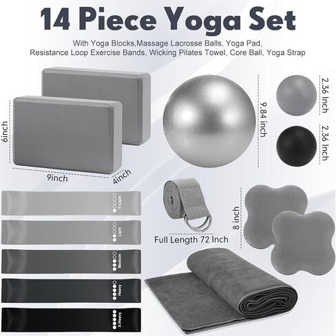 14 PCS leoga kits للتدريبات المنزلية Pilates المعدات المحددة للنساء تشمل المبتدئين حزامًا من منشفة اليوغا الساخنة ، وسادة الركبة ، فرقة تمرين حلقة المقاومة ، كرة تدليك Lacrosse ، Bilates Ball in Saudi Arabia
