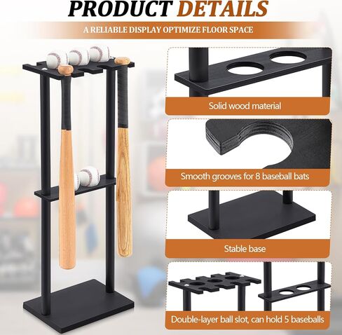Soulchen 1 مجموعة Baseball Bat Holder Rack 8 Bats 5 Balls ، Baseball Bat Scension Organizer Floor Standing Softball Sport Equipment Stand (Wood) in Kuwait