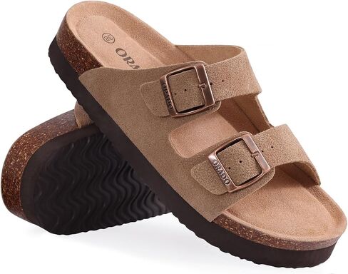 Platform Suede Sandals Soft Cork Footbed Summer Slides with Adjustable Buckle, Brown 38 (size 7-7.5) in Saudi Arabia