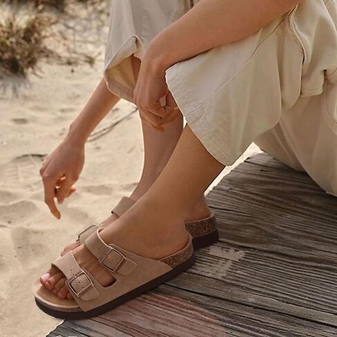 Platform Suede Sandals Soft Cork Footbed Summer Slides with Adjustable Buckle, Brown 38 (size 7-7.5) in Saudi Arabia
