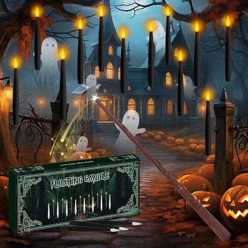 NURADA Floating Candles with Wand Remote Timer - Magic LED Hanging Flameless Taper Candles Flickering Battery Operated for Birthday Theme Party Holiday Home Window Decor - Black 12 Pack in Kuwait